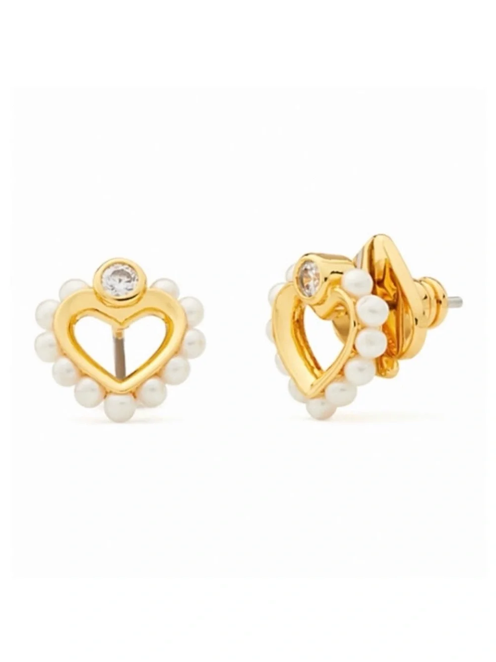 Kate Spade Shining Spade Gold Plated CZ & Pearl Heart Stud Earrings NEW